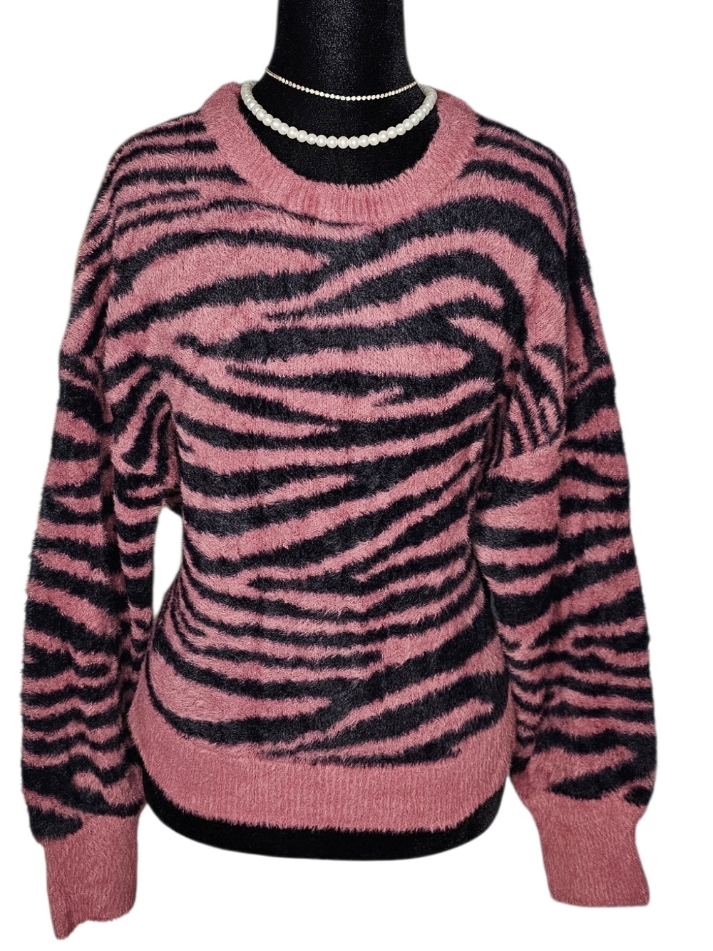 NWT Express Pink Zebra Print Fuzzy Knit Sweater L